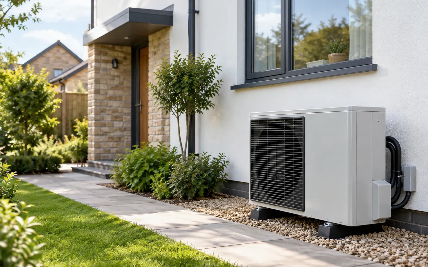 An air source heat pump outdoor unit standing on gravel beside a modern rendered house
