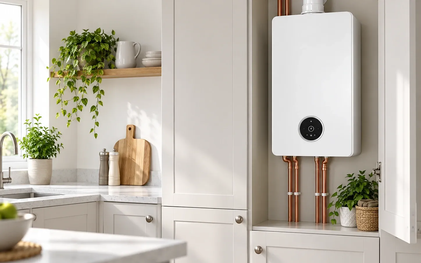 A wall-mounted combi boiler with copper pipework in a bright domestic kitchen