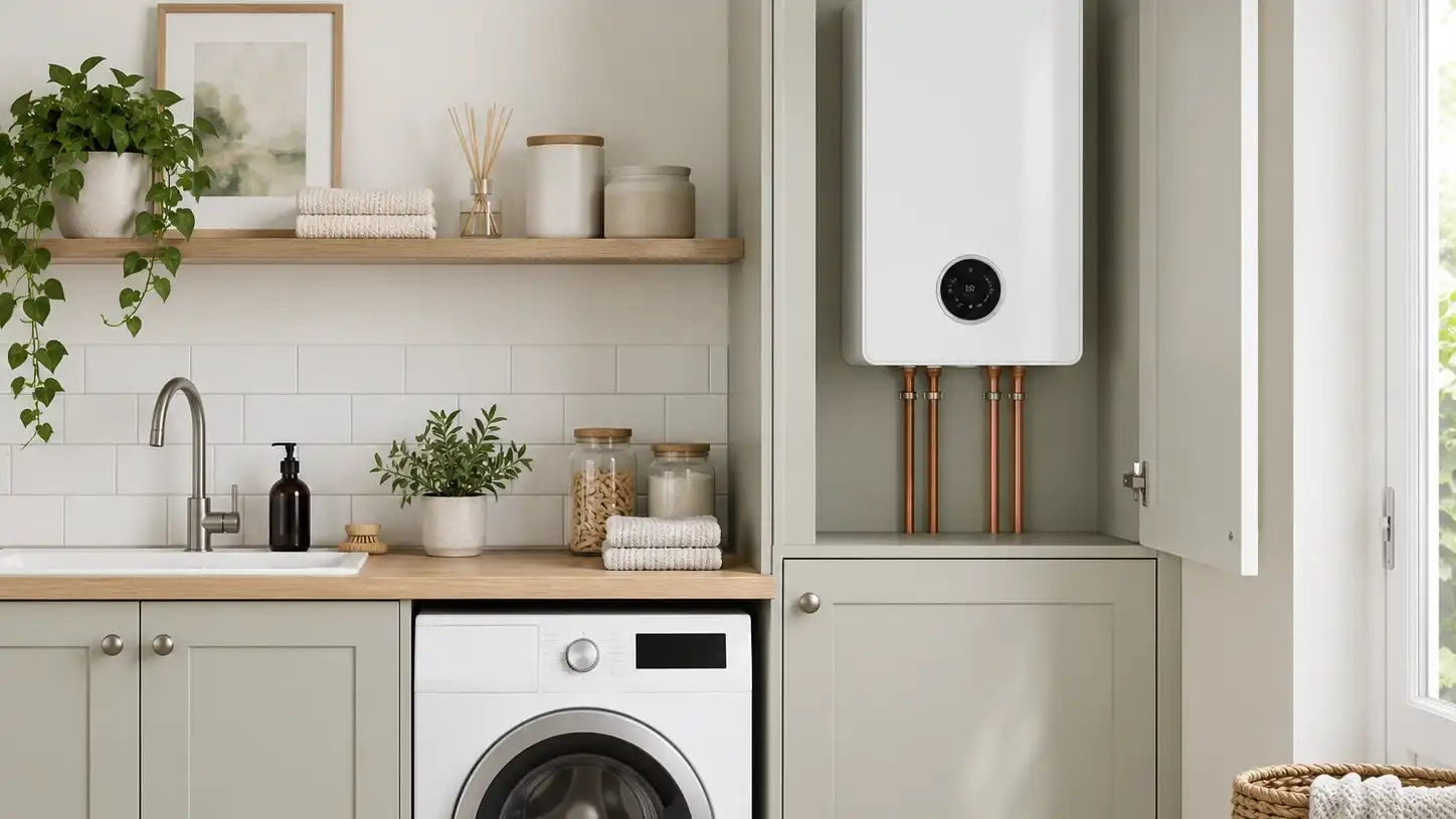 A wall-mounted combi boiler in a domestic utility room