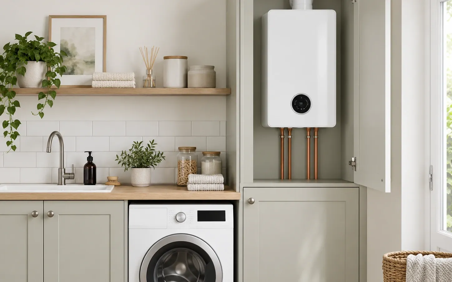 A wall-mounted combi boiler above a washing machine in a tidy utility room