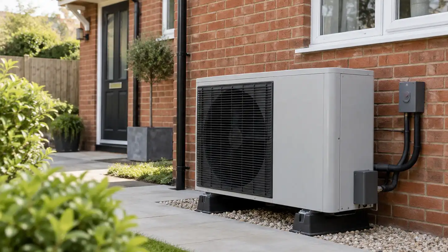 An air source heat pump fitted against the side of a brick house, seen from the garden path