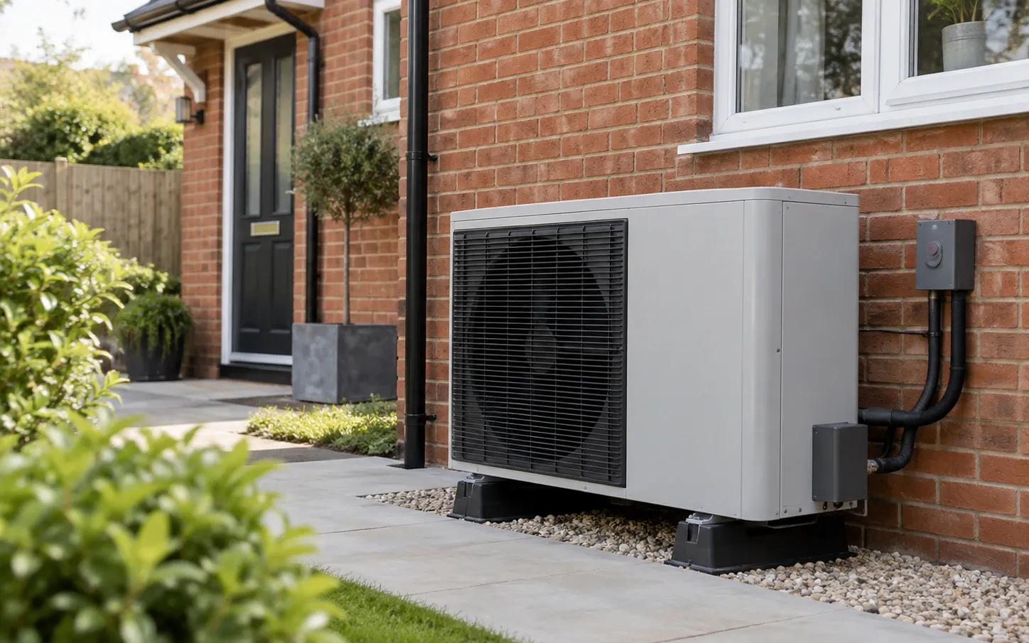 An air source heat pump unit installed on a gravel base beside a brick house with a garden path