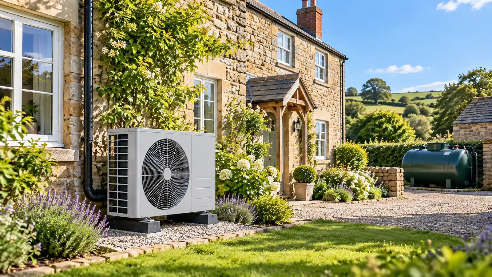 An air source heat pump on a raised base beside a stone cottage, with a green domestic oil tank at the edge of the gravel drive