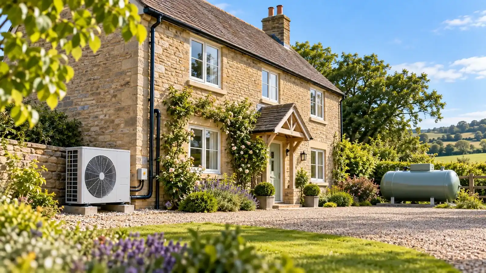 A stone house with an air source heat pump against the garden wall and a pale green LPG tank on the gravel drive