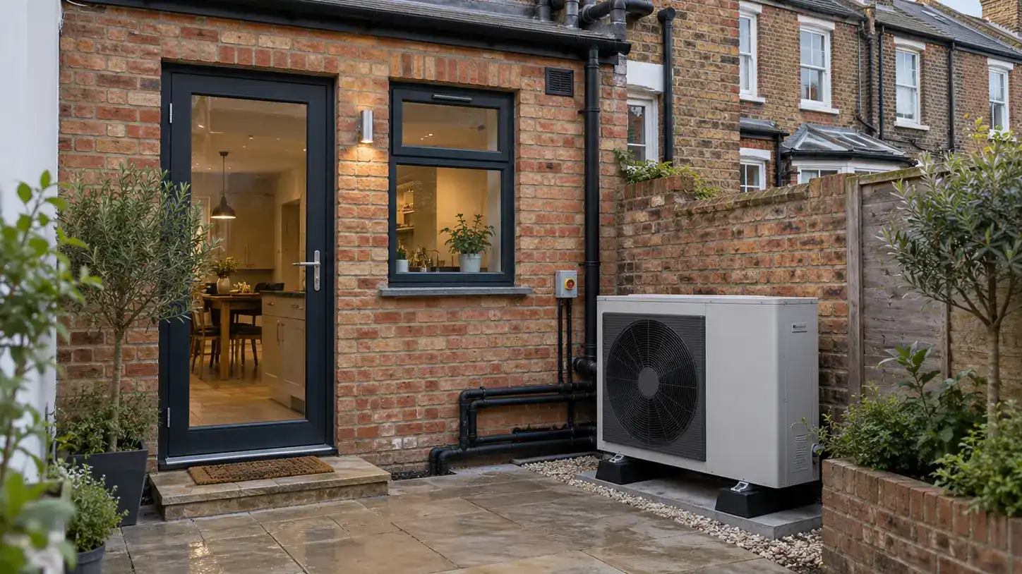 An air source heat pump on a concrete base in the paved rear yard of a brick terraced house, beside the back door