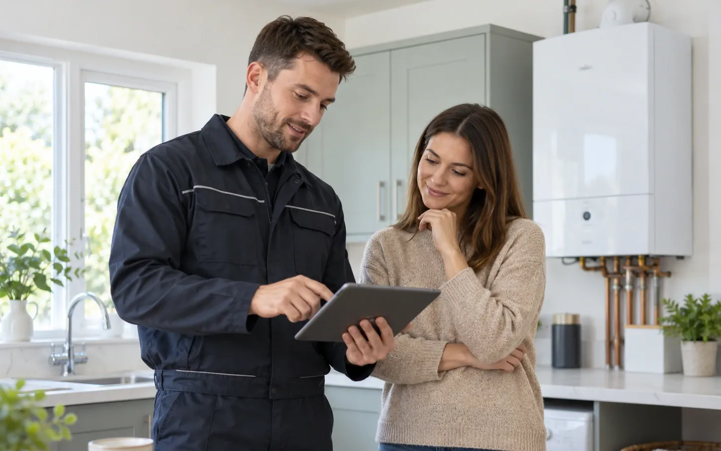 A heating engineer showing a homeowner something on a tablet, beside a wall-mounted boiler in a kitchen
