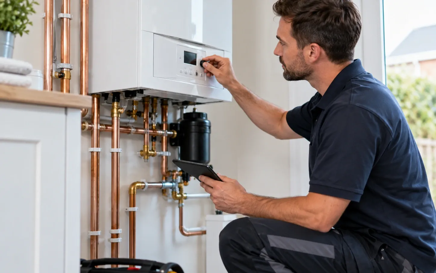 A heating engineer kneeling to work on the pipework beneath a wall-mounted boiler