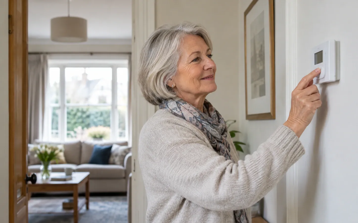 A homeowner adjusting the heating controls on the wall of her hallway, with a living room beyond