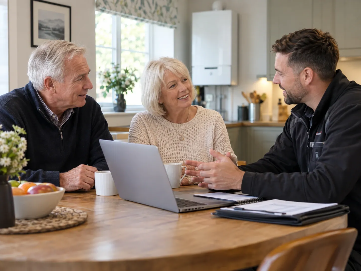 An adviser going through heating paperwork with two homeowners in their kitchen