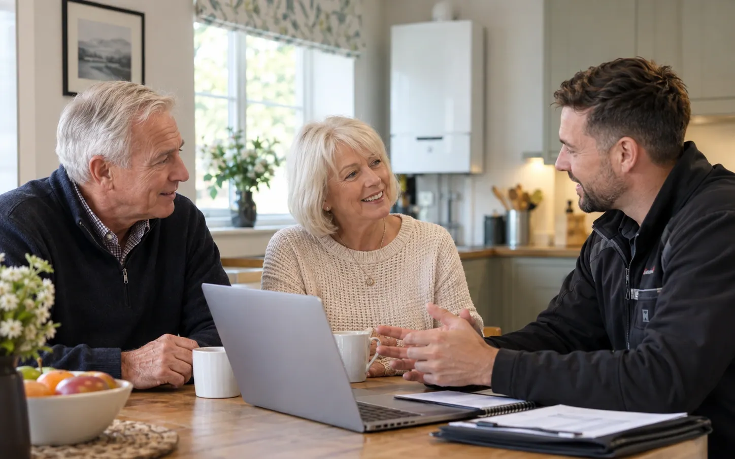 Two homeowners talking through their heating options with an adviser at their kitchen table