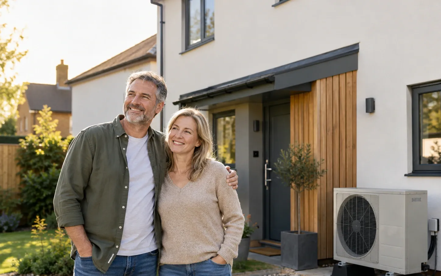 A couple standing outside their home, with an air source heat pump unit installed against the wall behind them