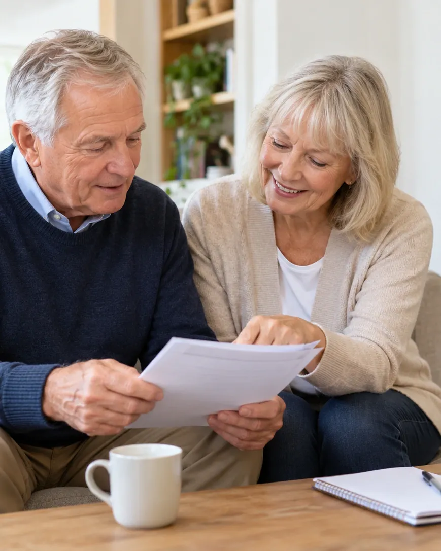 An older couple sitting together in their living room, going through paperwork about their heating