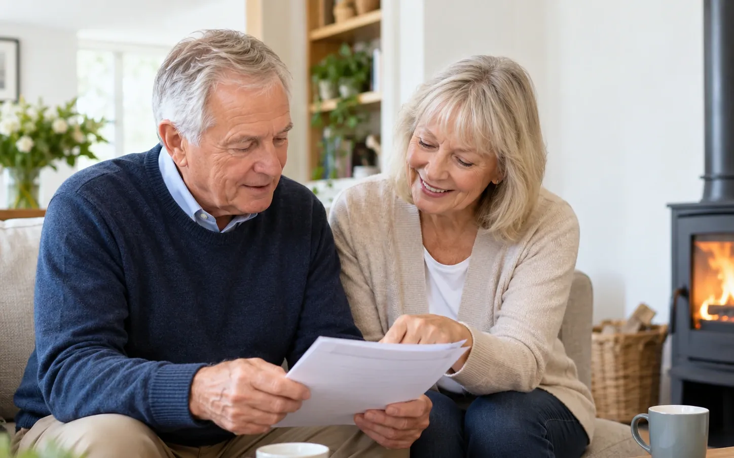 An older couple reading through heating information together at home, beside a lit wood-burning stove
