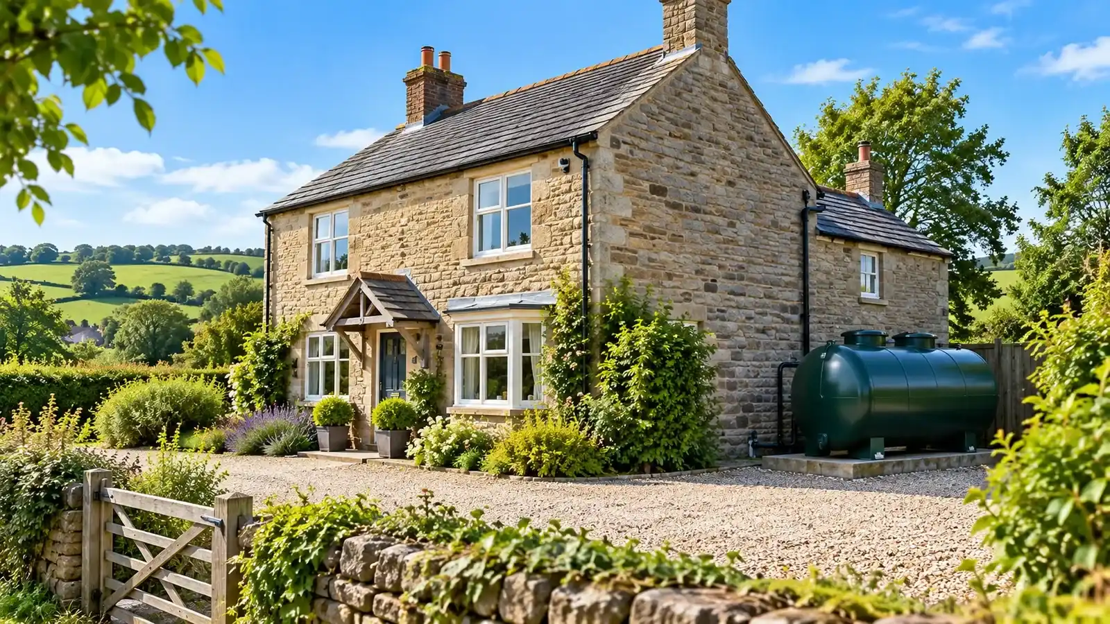 A stone cottage in the countryside with a dark green oil tank on a concrete base beside the house