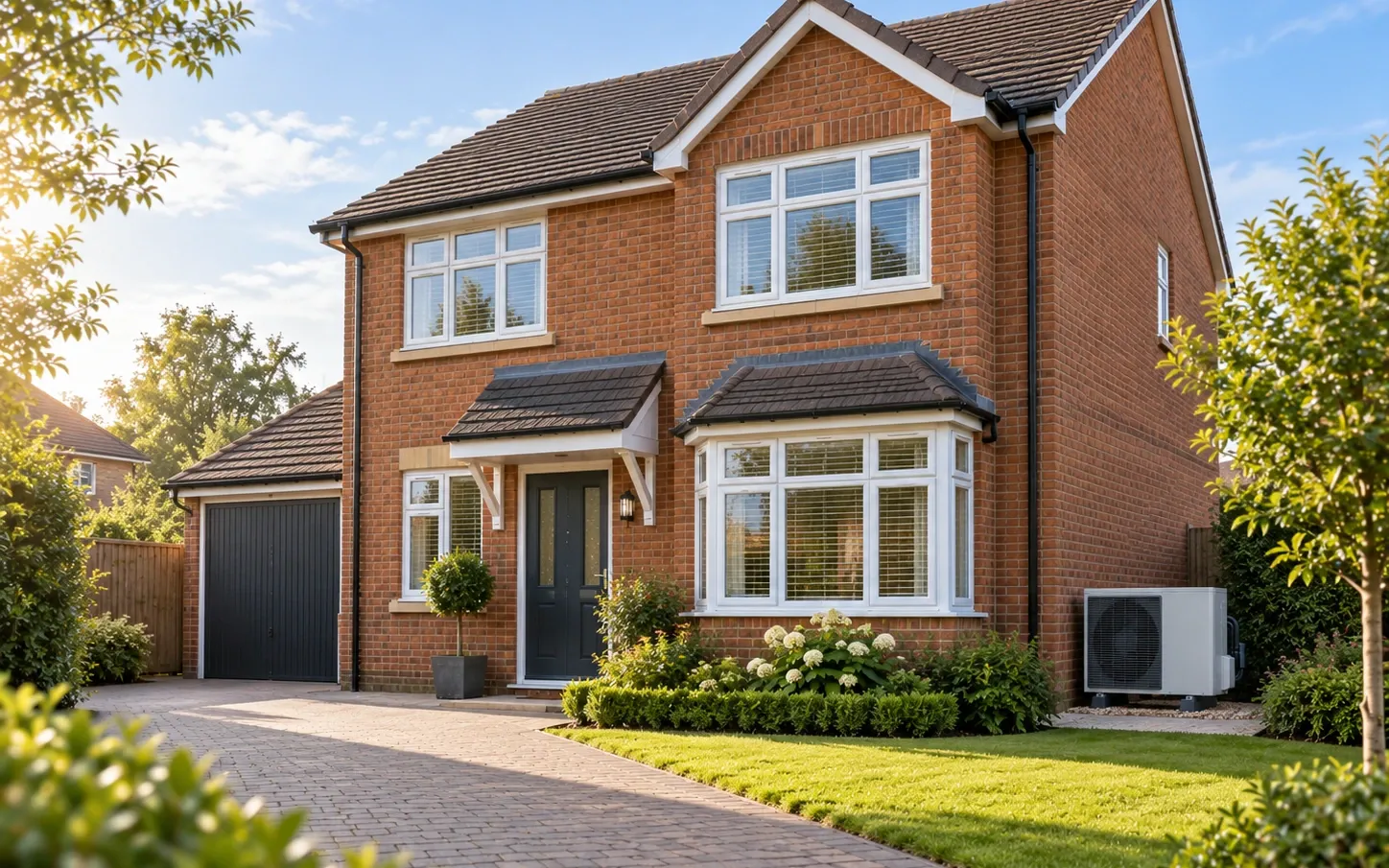 A detached red-brick British house on a sunny afternoon, with an air source heat pump unit beside the garage