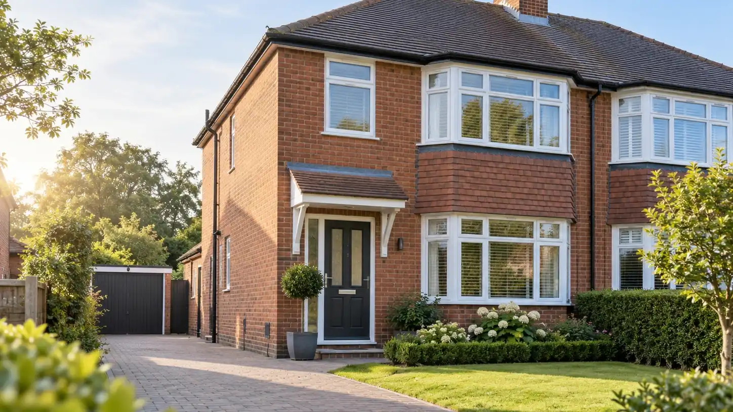 Red-brick semi-detached British houses on a quiet residential street