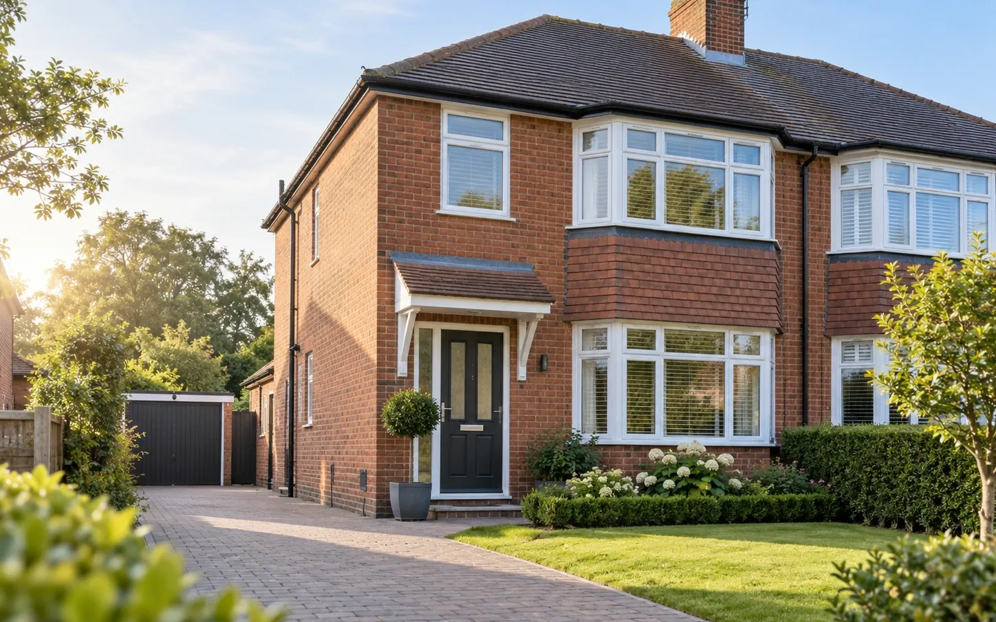A pair of red-brick semi-detached British houses in low evening sunlight